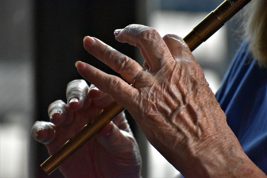 A penny whistle being used during an Irish folk music session in downtown Littleton on Aug. 17, 2023.